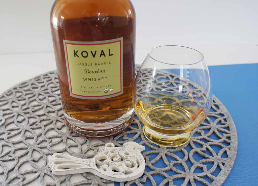 Review and tasting notes for the Koval single barrel bourbon whiskey with glass