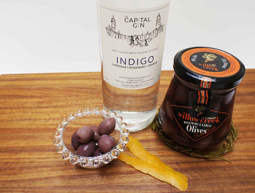 gin and olives The Capital Gin Indigo Willow Creek rosemary and garlic olives