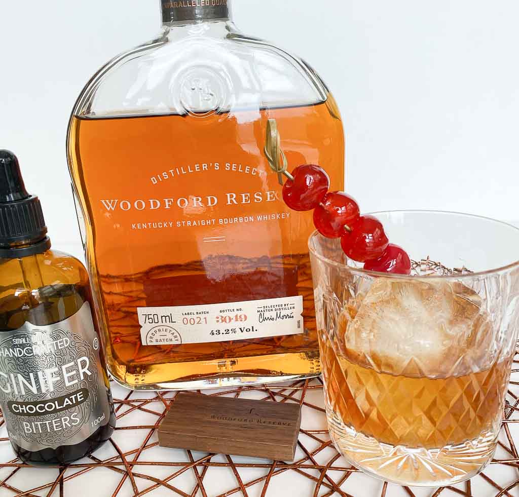 Chocolate cherry Old Fashioned Cocktail with Woodford Reserve Bourbon