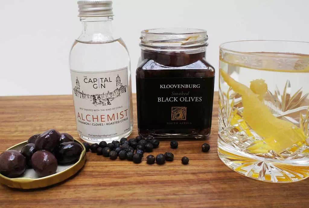 gin and olives The Capital Gin Alchemist kloovenburg smoked black olives