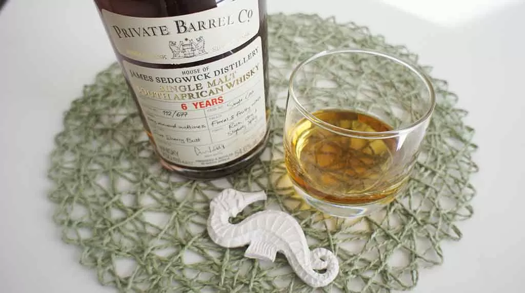 Review and tasting notes Private Barrel Co. James Sedgwick Distillery 6 yo Fino Cask whisky with glass
