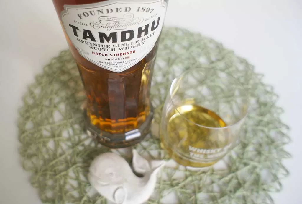 Tamdhu Batch Strength single malt whisky with glass