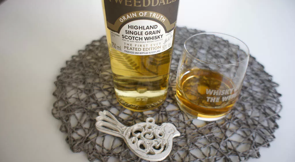 Tweeddale Grain of Truth Peated Whisky with glass
