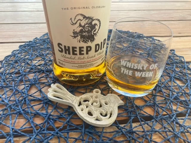 Sheep dip blended malt whisky with glass